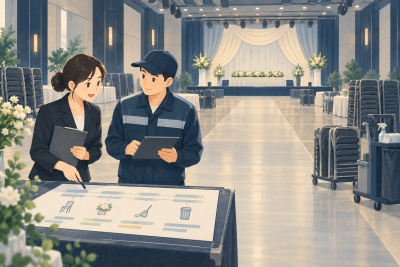 행사청소 일정표, 설치·운영·철수 사이에 작업을 배치하는 방법 관련 설명용 삽화